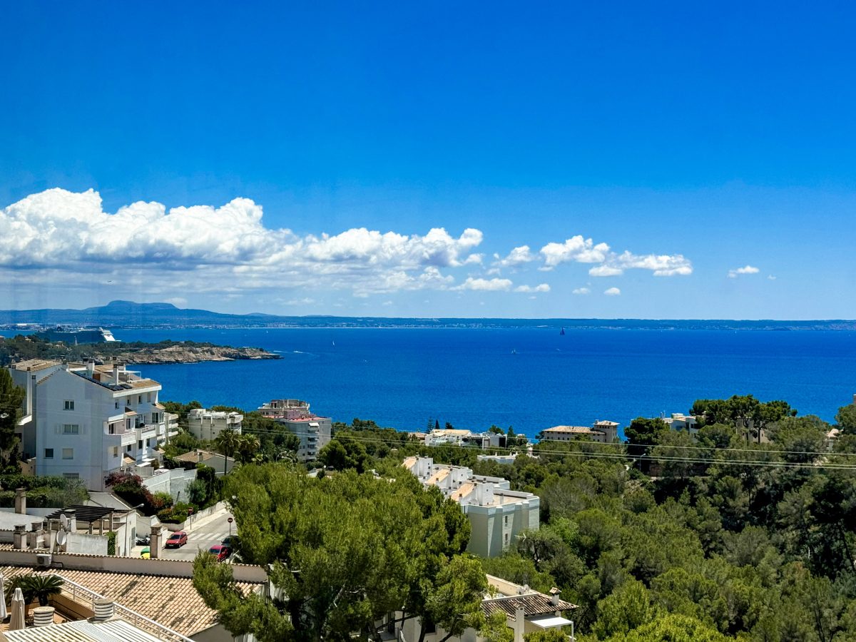 7 An image of a luxury apartment with a stunning sea view. The apartment features sleek, modern design with floor-to-ceiling glass windows that open to a spacious balcony. The balcony is furnished with elegant outdoor seating, perfect for enjoying the panoramic ocean vista. The shimmering blue sea stretches to the horizon, creating a serene and opulent atmosphere.